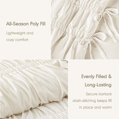 Intelligent Design Ruched Shabby Chic Comforters for Queen Size Bed, All Season Lightweight Comforter Queen, French Country Bedding Set, Sham, Ella, Full/Queen, Ivory, 3 Piece