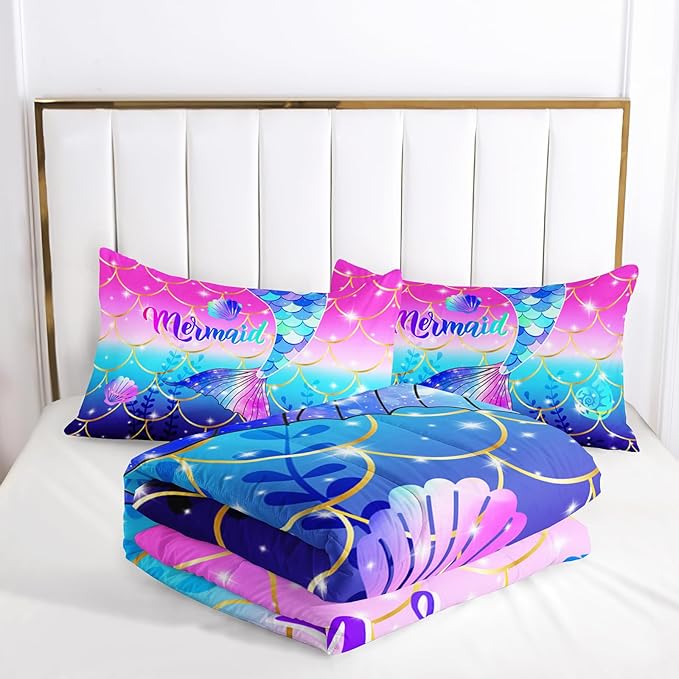 Colorful Mermaid Tail Comforter Sets King Size，Violet Seashells Bedding Sets 3PCS for Kids,Violet Seashells Bedding Sets All Season 1 Comforter and 2 Pillowcases