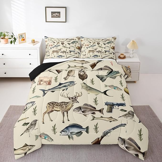 Erosebridal Hunting and Fishing Full Comforter Set,Deer Hunting Bedding Sets for Kids Boys Girls,Big Bass Pike Fish Quilt Bed Set,Rustic Cabin Lake House Bedroom Decor,2 Pillowcases Breathable
