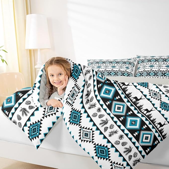Deer Silhouettes Bedding Set for Boys Girls,Western Elk Animals Southwest Tribal Ethnic All Season Cozy Comforter Set with 2 Pillowcases Full,Aztec Abstract Geometric Print Duvet Set Bedroom Decor