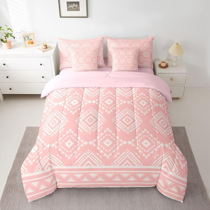 Erosebridal Pink Southwestern Bedding Set King Exotic Tribal Aztec Comforter Set 7 Piece Western Geometric Bohemian Bed in A Bag for Adults Rustic Ethnic Nordic Style Quilt with Flat Fitted Sheet