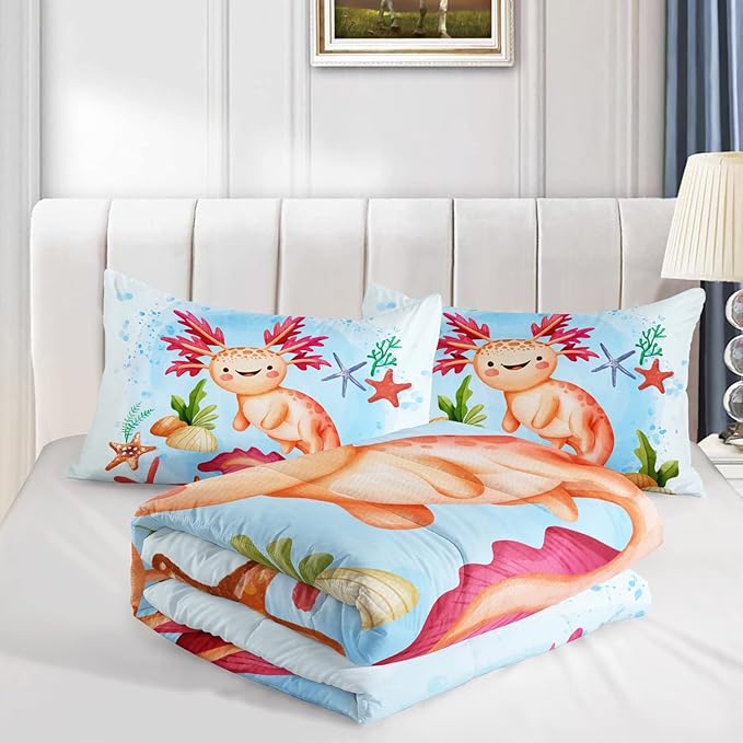 HOSIMA Axolotl Bedding Set for Kids Room Decor,Cartoon Starfish Pattern Kawaii Set,Full Comforter Girls Child Boys,Cartoon Sea Animals with 2 Pillowcase. Blue-red