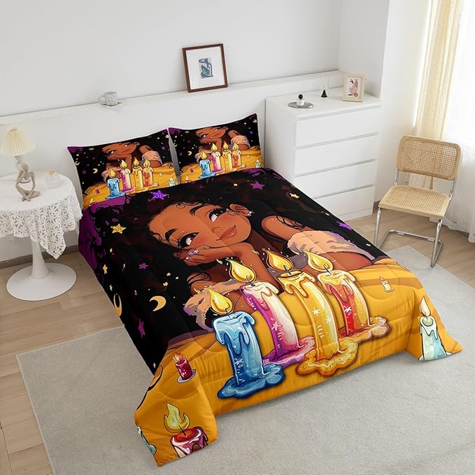 Afro Girls Bedding Comforter Sets American African Princess Magical Comforter Set Black Hair Girl Quilt Full,Kawaii Room Decor for Kids Teens Toddler Girls,Happy Birthday Decorations