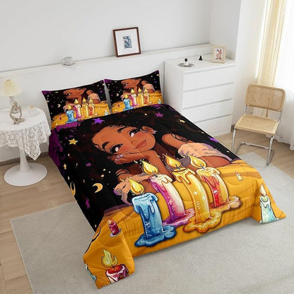 Afro Girls Bedding Comforter Sets American African Princess Magical Comforter Set Black Hair Girl Quilt Full,Kawaii Room Decor for Kids Teens Toddler Girls,Happy Birthday Decorations