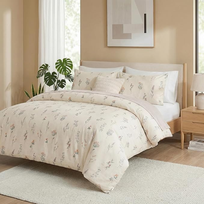 100% Cotton Comforter Set King Size Cute Floral Bedding Comforter Sets 3 Pieces Chic Garden Printed Comforter Sets Breathable Soft Reversible Botanical Comforter(Floral, King)