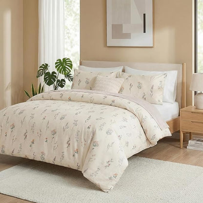 100% Cotton Comforter Set King Size Cute Floral Bedding Comforter Sets 3 Pieces Chic Garden Printed Comforter Sets Breathable Soft Reversible Botanical Comforter(Floral, King)