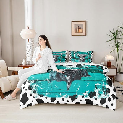 Erosebridal Highland Cow 7 Piece Bedding Set Queen Size,Rustic Cowhide Bed in a Bag,Cow Pattern Bed Set Includes Comforter, Sheet Set, Pillowcases & Pillow Covers All Season Bedroom Decor