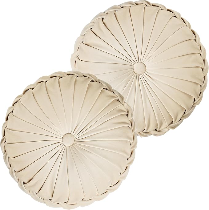 ROSE&RISY Round Pleated Velvet Throw Pillows, 2 Pcs Decorative Accent Pumpkin Pillow Cushion for Couch Sofa Chair Bed Car Home Decor (14.5 Inch, Cream)