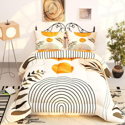 Sun Boho Leaf Comforter Sets for Kids Adults,3D Pattern with Bright Golden Yellow Colors,Decorative Bedding Comforter Sets with 2 Pillow Shams, Full Size
