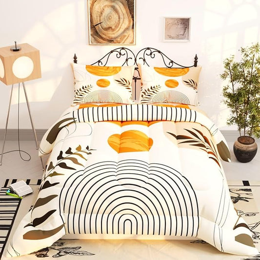 Sun Boho Leaf Comforter Sets for Kids Adults,3D Pattern with Bright Golden Yellow Colors,Decorative Bedding Comforter Sets with 2 Pillow Shams, Full Size
