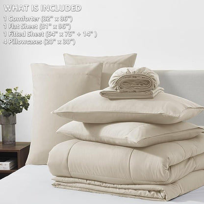 CozyLux Full Size Comforter Sets Oatmeal, 7 Pieces Bed in a Bag, Oatmeal Comforter Full Size, All Season Bedding Sets with Stitch Quilted Comforter, Flat Sheet, Fitted Sheet, Pillowcases