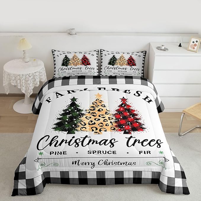 Christmas Tree Comforter Set Queen Size,Black White Geometric Check Bedding 3pcs for Kids Girls Adults Home Winter Room Decor,Red Green Leopard Pine Quilt Happy New Year Duvet Insert