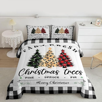 Christmas Tree Comforter Set Queen Size,Black White Geometric Check Bedding 3pcs for Kids Girls Adults Home Winter Room Decor,Red Green Leopard Pine Quilt Happy New Year Duvet Insert