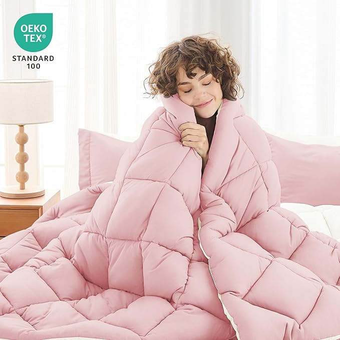 MUXHOMO 5 Pieces Twin XL Comforter Set, Reversible Bed in a Bag Twin XL Size, All Season Bedding Set with Comforter, Flat Sheet, Fitted Sheet, Pillowcases & Shams, Light Pink & Ivory