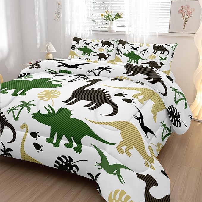 Cartoon Dinosaur Comforter Set Twin Size 3 PCS,Green Dinosaur Printed Quilt Set for Bedroom Soft Microfiber All Season Print Quilt Set with 1 Comforter and 2 Pillow Case