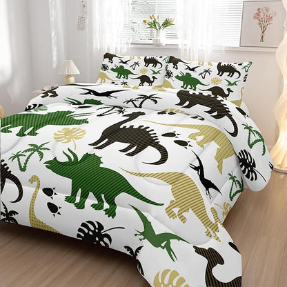 Cartoon Dinosaur Comforter Set Twin Size 3 PCS,Green Dinosaur Printed Quilt Set for Bedroom Soft Microfiber All Season Print Quilt Set with 1 Comforter and 2 Pillow Case