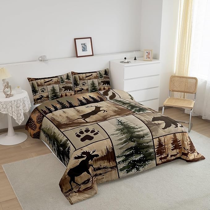 Feelyou Western Rustic Bear Deer Comforter Set King Size, Country Farmhouse Duvet Insert, Rustic Cabin Bedding Set,Elk Forest Animal Wildlife Hunting Patchwork Lodge Quilt, 2 Pillow Shams