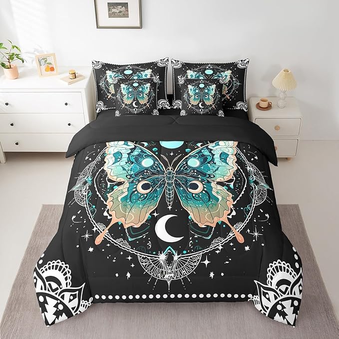 Feelyou Death Moth Bedding Set With Comforter, Skull Decor Comforter Full Size 7Pcs Halloween Decorations Bed in a Bag with Comforter, Boho Moth Gothic Flat Sheet, Fitted Sheet, Pillowcases Room Decor