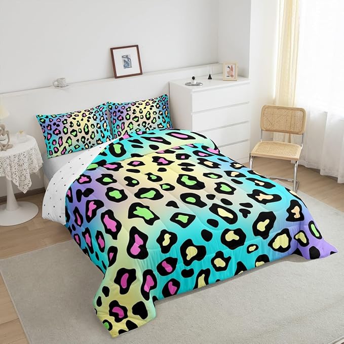 Feelyou Leapord Comforter Set Queen Size Leopard Print Comforter for Boys Girls Teens Cheetah Print Bedding Set Morden Duvet Set Room Decor Pale Blue Quilt Set