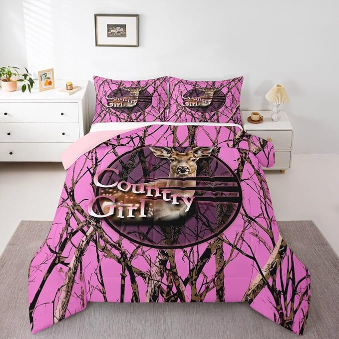 Erosebridal Camo Hunting Deer Full Bedding Set,Pink Camouflage Hunter Comforter Set for Girls Boys Kids,Rustic Cabin Lodge Comforter,Tree Branch Bedroom Decor with 2 Pillowcases,All Season