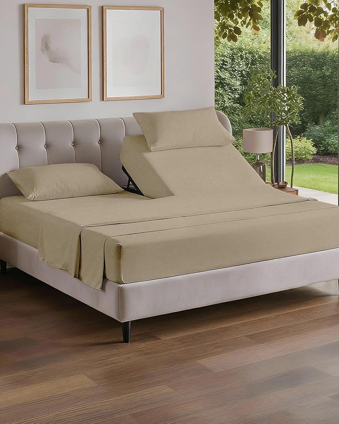 Split Head King Sheet Set – 4 Piece Flex Split Top King Sheets for Adjustable Beds - Fits 14” to 16" Mattress w/ Deep Pockets - Breathable & Cooling - Luxury Bedding and Wrinkle Free - Heathered Beige