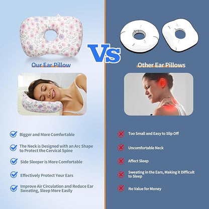Ear Piercing Pillow for Side Sleepers, Pillow with an Ear Hole for CNH and Ear Pain Ear Inflammation Pressure Sores (Pink Flowers, 17.3"x12.6"x2")
