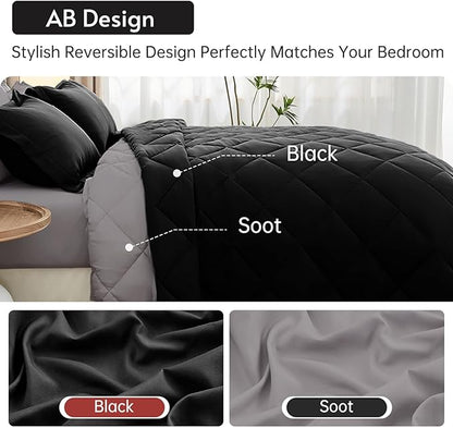 MUXHOMO 5 Pieces Twin XL Comforter Set, Reversible Bed in a Bag Twin XL Size, All Season Bedding Set with Comforter, Flat Sheet, Fitted Sheet, Pillowcases & Shams, Black & Soot