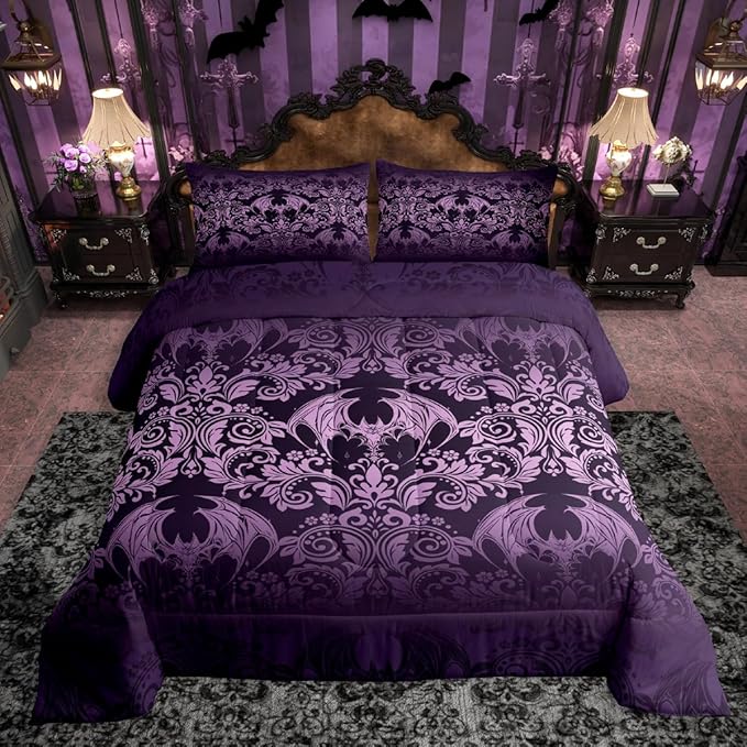 Feelyou Gothic Damask Print Comforter Set Toddler Size Purple Goth Bat Victorian Floral Bedding Set for KidsBoho Bohemian Exotic Duvet Quilt Bedroom Decor Microfiber 2 Pcs with 1 Pillow Cases