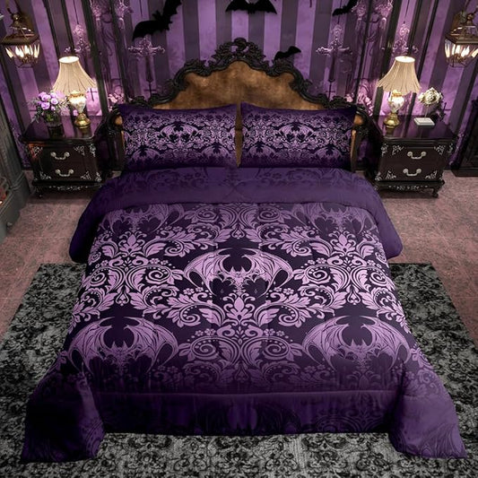 Feelyou Gothic Damask Print Comforter Set King Size Purple Goth Bat Victorian Floral Bedding Set for KidsBoho Bohemian Exotic Duvet Quilt Bedroom Decor Microfiber 3 Pcs with 2 Pillow Cases