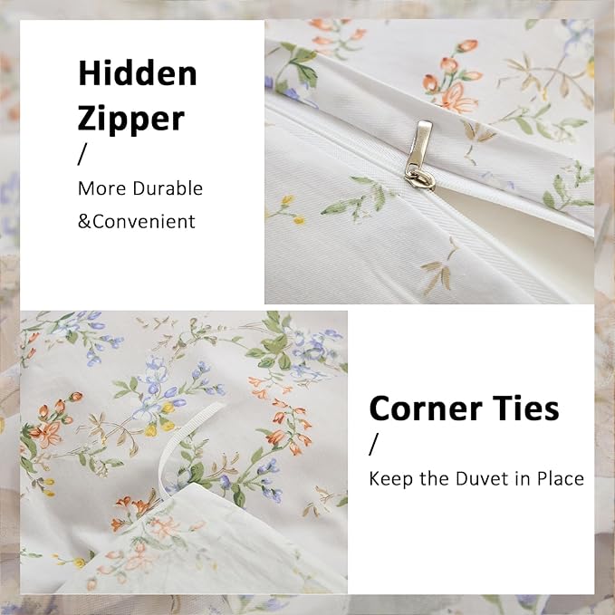 Floral Comforter Queen Size 100% Cotton Bedding Set Green Flowers Cotton Comforter Sets 3 Pcs Reversible Lightweight Soft Bedding Sets for All Seasons