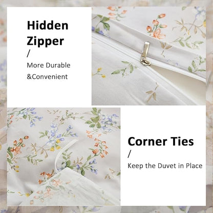 Floral Comforter King Size 100% Cotton Bedding Set Green & Yellow Flowers Cotton Comforter Sets 3 Pcs Reversible Lightweight Bedding Sets for All Seasons