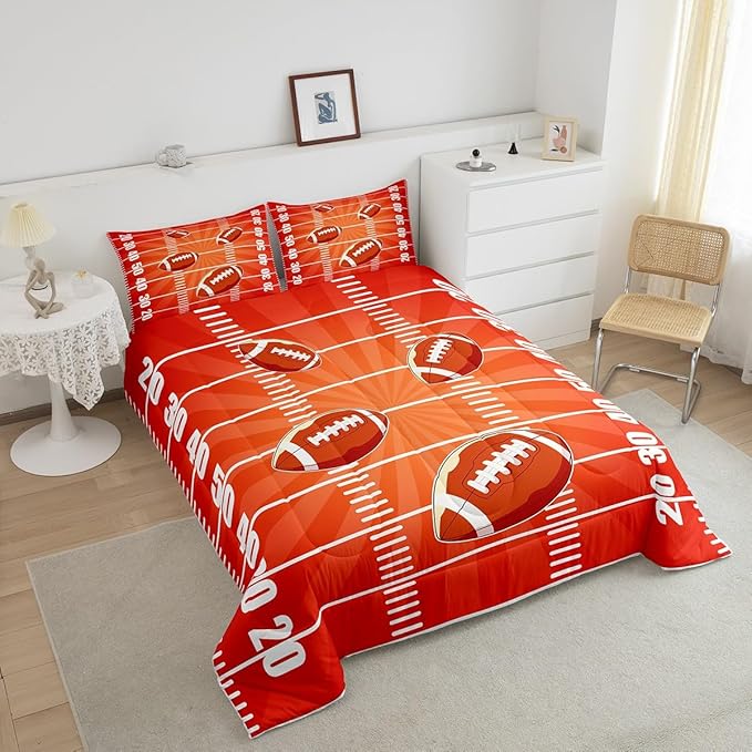 Feelyou Rugby Comforter Set King Size Football Comforter for Boys Girls Teens Sports Games Bedding Set Soccer Ball Game Duvet Set Room Decor Dark Orange Quilt Set