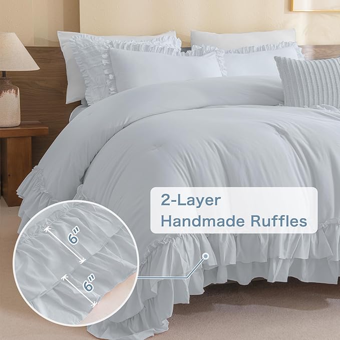 Masaca Twin Comforter with Ruffles,Shabby Boho Chic Ruffled Comforter Set Farmhouse Rustic Twin Bedding Sets 3-Piece（1 Light Blue Comforter and 2 Pillowcases）