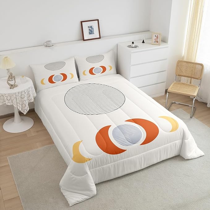 Erosebridal Mid Century Comforter Set Queen Abstract Moon Bedding Set, Striped Down Comforter White Aesthetic Bed Set, Retro Minimalism Quilted Duvet Modern Art Bedroom Decor Ultra Soft 3pcs