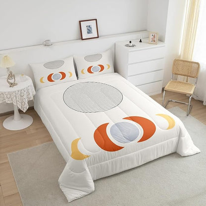 Erosebridal Mid Century Comforter Set Queen Abstract Moon Bedding Set, Striped Down Comforter White Aesthetic Bed Set, Retro Minimalism Quilted Duvet Modern Art Bedroom Decor Ultra Soft 3pcs