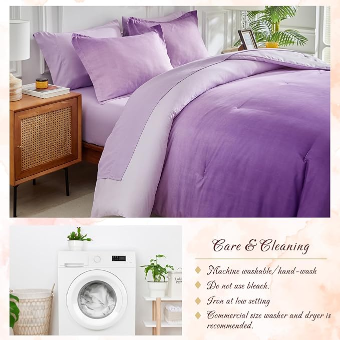 Purple and Lilac Gradient Comforter Set King Size 7 Pieces Elegant Ombre Bed in a Bag - Reversible All Season Bedding Set with Comforter, Flat Sheet, Fitted Sheet, 2 Pillowcases & 2 Pillow Shams