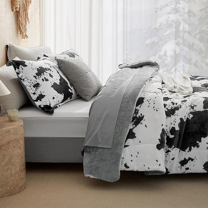 Petrichor Velvet Flannel King Comforter Set-Cow Print Western Style Blanket,Luxury Fuzzy Heavy Bedding Set, 3 Pieces Plush Winter Bed Set with Comforter (90"x104") & 2 Pillow Shams (20"x36"