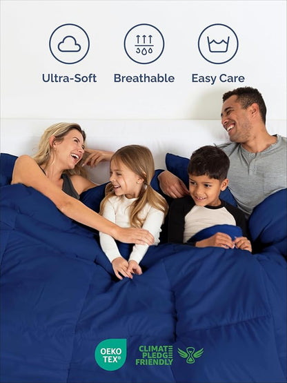 Queen Comforter Set - 3 Piece Bed Set for All Seasons - 1 Soft Quilted Comforter w/ Corner Tabs & 2 Pillow Shams - Comfy, Cozy & Breathable - Premium Down Duvet Insert - Queen Size, Navy Blue/Sky Blue
