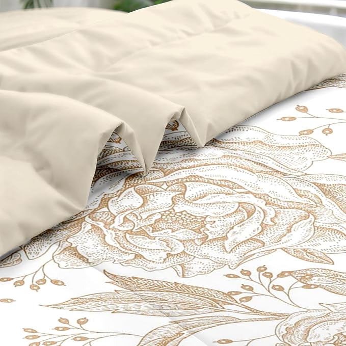 Comforter Set Full Size, Rose Gold Floral Vintage 7 Pcs Bedding for Kids and Adults, Flower Leaves Retro Bed Sheet Sets with Fitted Sheet 2 Pillowcases & 2 Shams for Bedroom Bed Decor