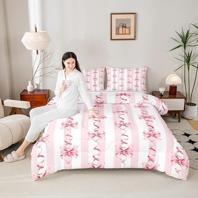 Erosebridal Pink Ribbon Bow Comforter Set Cute Coquette Bowknot King Bedding Set for Girls,Romantic Aesthetic Princess Bow Comforter Pink Geometric Striped Line Bed Set for Kids Teen Adults