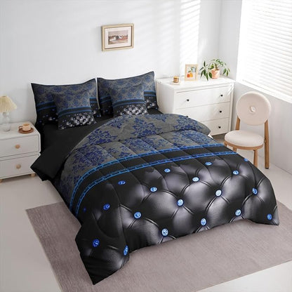Blue Damask Bed in a Bag King Size Comforter Set 7-Piece,Luxury Black Diamond Texture Pattern Bohemian Bedding Sets Antique Decor Gothic Vintage Floral Comforter and Sheet Set, Boho Baroque Room Decor