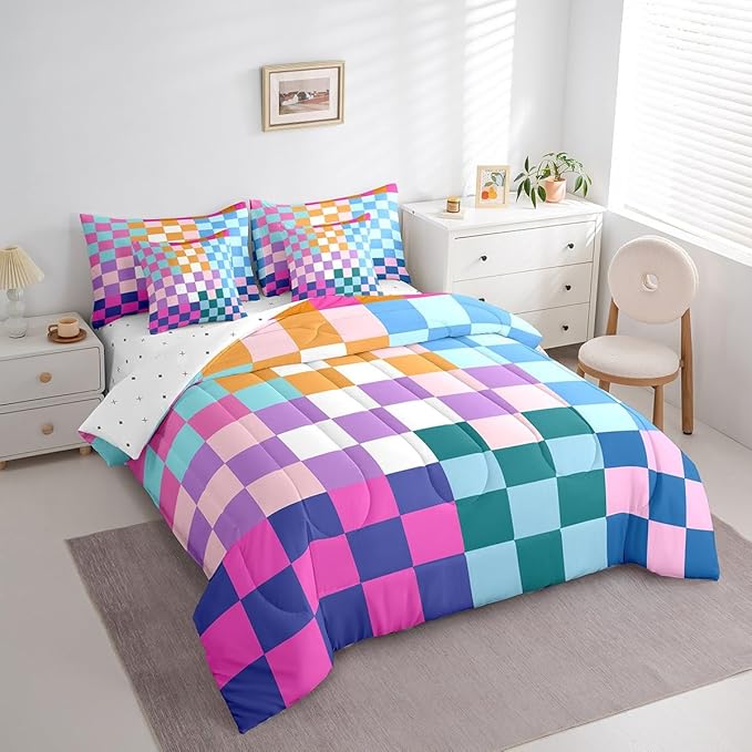 Feelyou Multicolored Checkered Retro Bedding Sets Kids Boys Girls Geometric Vintage Comforter Bed in a Bag Twin Size Rainbow Colorful Bed Duvet Insert Modern Groovy Aesthetic Room Decor