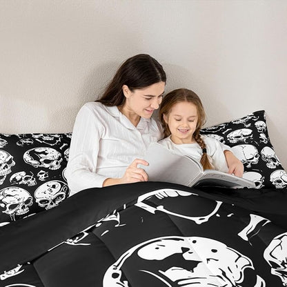 Erosebridal Boys Black Skull King Size Comforter Set, Halloween Skeleton Skull Bedding Set, Gothic Skeleton Comforter for Kids Teens Adults Men Goth Room Decor, Terror Theme Black Quilt