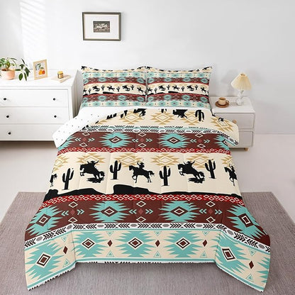 Feelyou Boho Comforter Set Twin Size Horses Comforter Southwestern Native Aztec Bedding Set Farmhouse Wildlife Duvet Set Room Decor Beige Blue Quilt Set