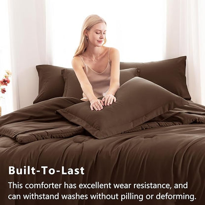 CozyLux King Size Comforter Set Brown, 7 Pieces Bed in a Bag King Comforter Set with Sheets, Soft Bedding Set with Down Alternative Comforter, Fitted Sheets, Flat Sheets, Pillow Shams and Pillowcases