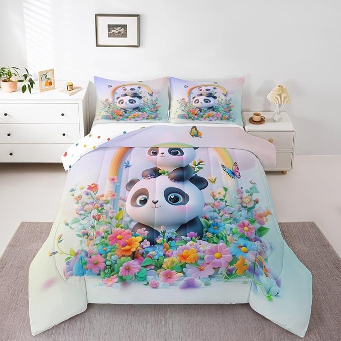 Cute Panda Bedding Comforter Sets Toddler,Watercolor 3D Panda Bear Black White Bedding Set for Bedroom Decoration,Flowers Leaves Deamy Butterfly with 1 Comforter and 1 Pillow Case Bedroom Decor