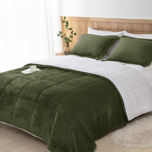 Seward Park Olive Green Sherpa Comforter Set Full Queen Size, All Season Soft Warm Fleece Fall Blanket, Winter Bedding Sets with 2 Pillow Shams
