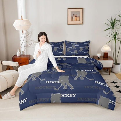 Hockey Players Comforter Set Full Size, Kids Bedding Set,Competitive Games Teamwork Quilt Comforter,Dark Blue Gray Duvet Insert,2 Pillowcases