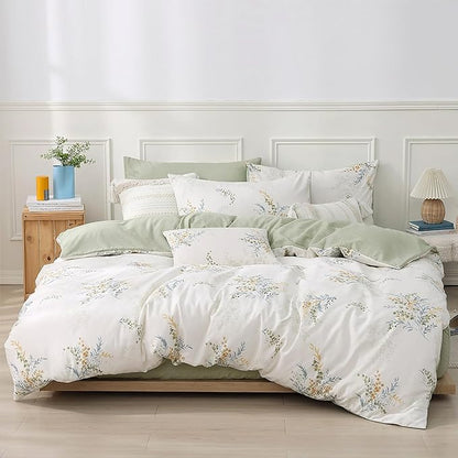 White Cotton Comforter Queen Size 3Pcs - Blue Branches & Orange and Green Buds on White, Chevron Sage Green Back, Reversible Lightweight Bedding Sets with Soft Fill(Queen, 90"×90")
