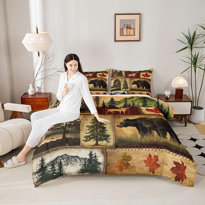 Rustic Farmhouse Bedding Comforter Sets Queen, Country Cabin Lodge Bedding Set, Hunting Bear Wildlife Comforter for Bedroom, Maple Leaves Duvet Insert, Woodland Rustic Bedding All Season, Red Brown
